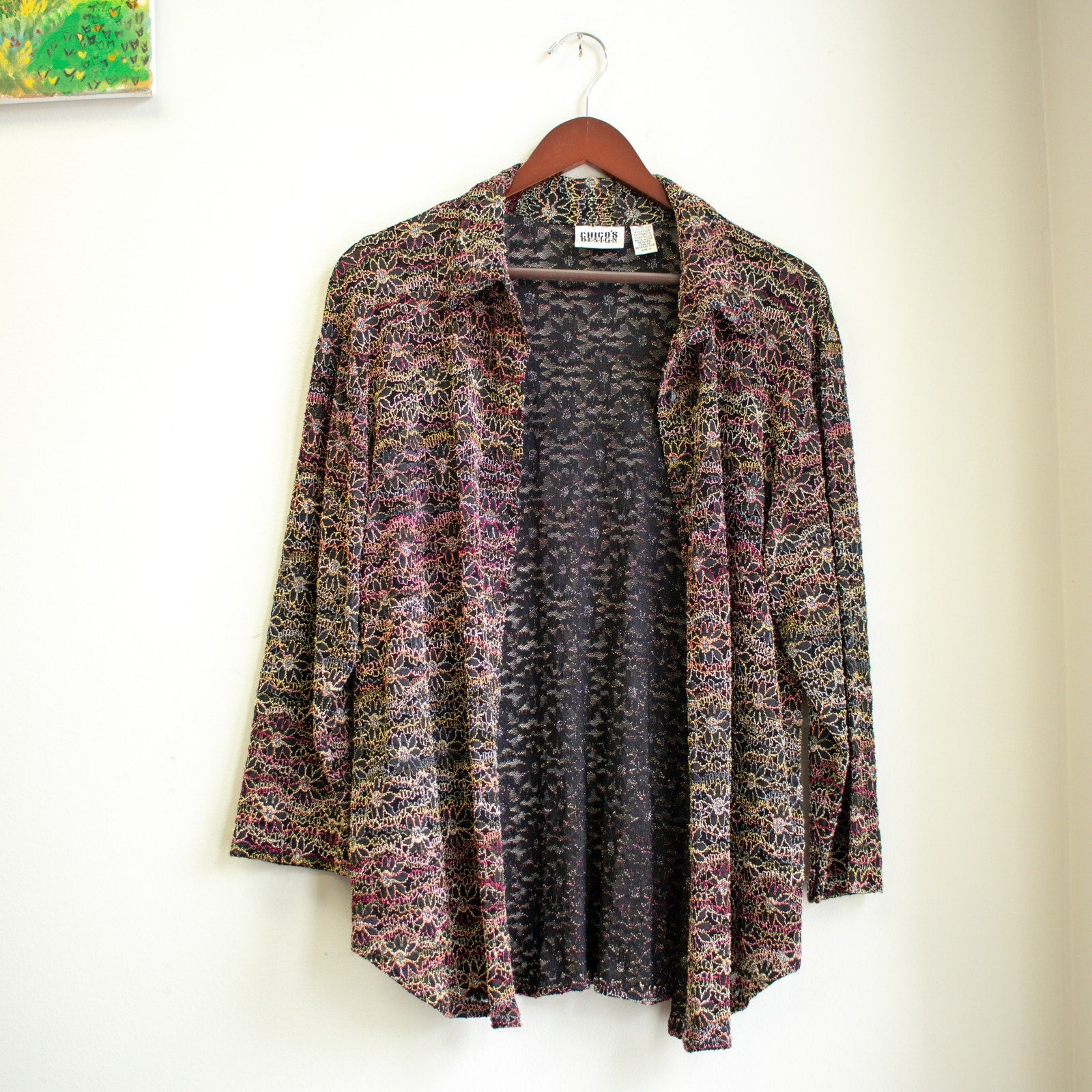 Vintage Chico's Design Sheer Embroidered Floral Cardigan Top Set Size Small