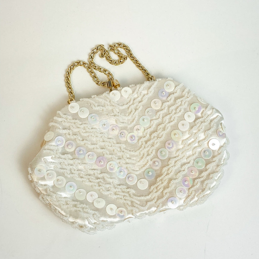 Satin Beaded Evening Bag Hand Made in Hong Kong Cream Gold Tone White Clutch