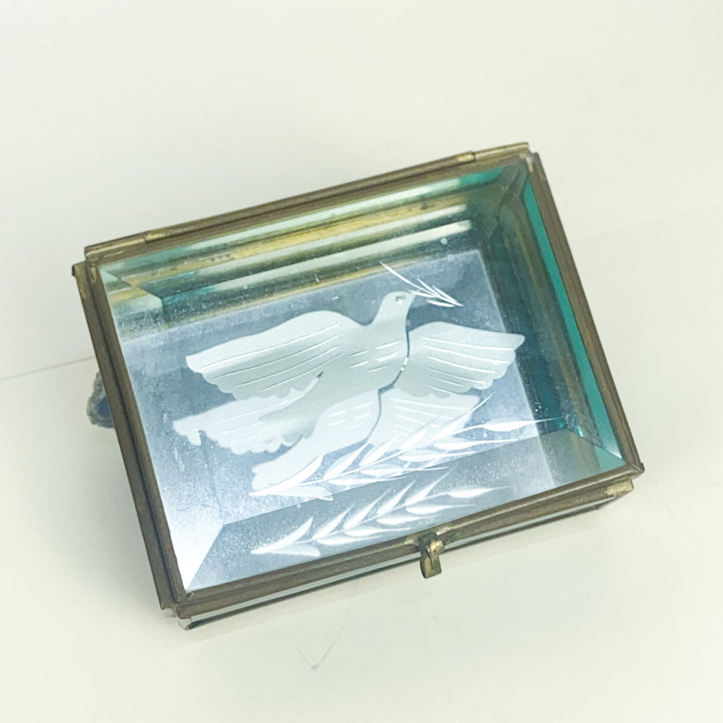 Cut Glass Dove Engraved Trinket Box Mirrored base