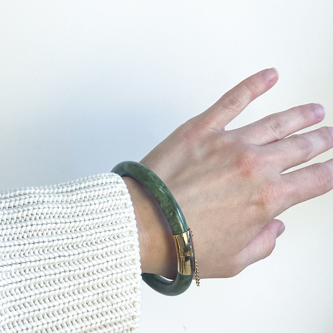 Vintage Chinese Spinach Jade Bangle Bracelet With Gold-Plated Clasp