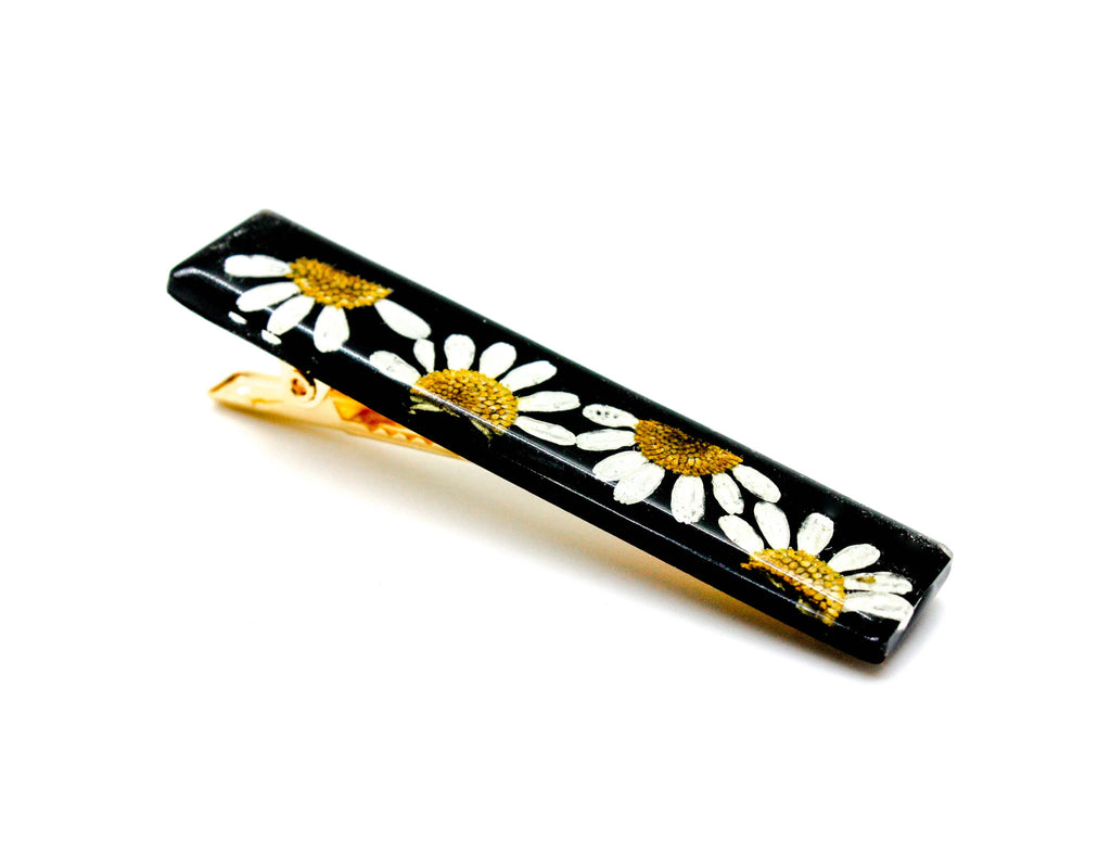 Black daisy pressed chamomile flower bar hair clip