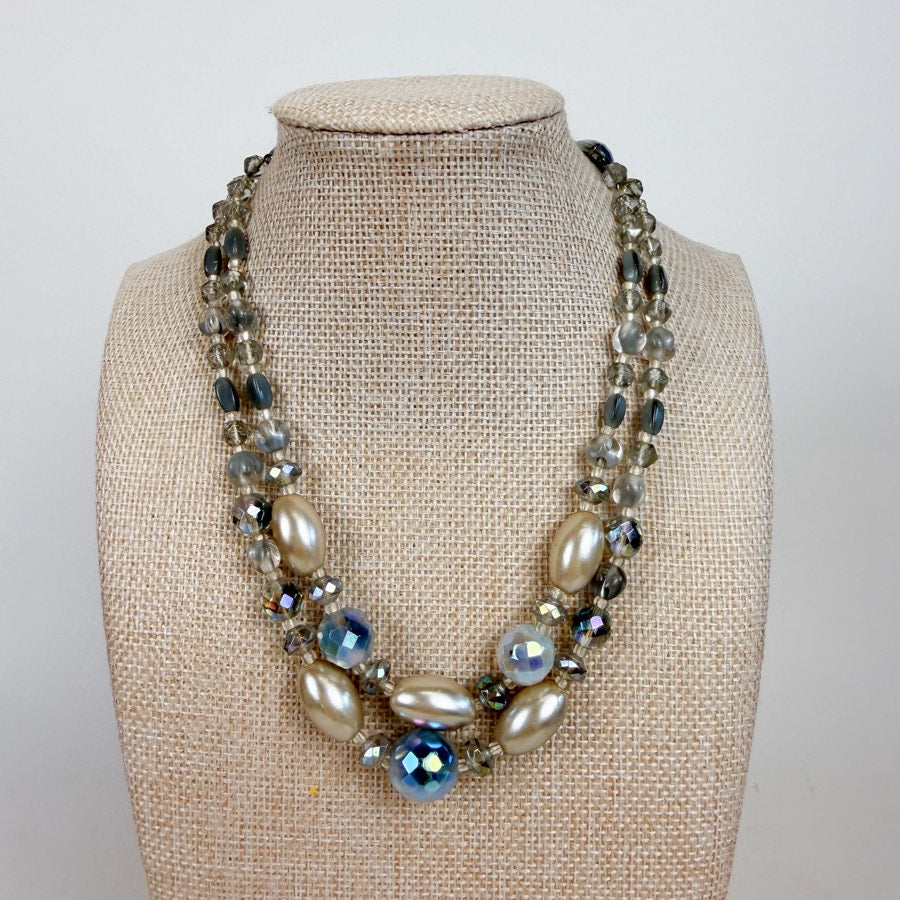 Mid-Century Beaded Choker Necklace Double Strand Faux Pearl Beads 1950s/1960s Made in Germany