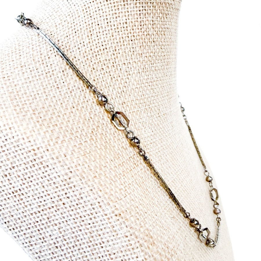 Vintage Silvery Station Necklace Open Work Cage Beads Short Chain