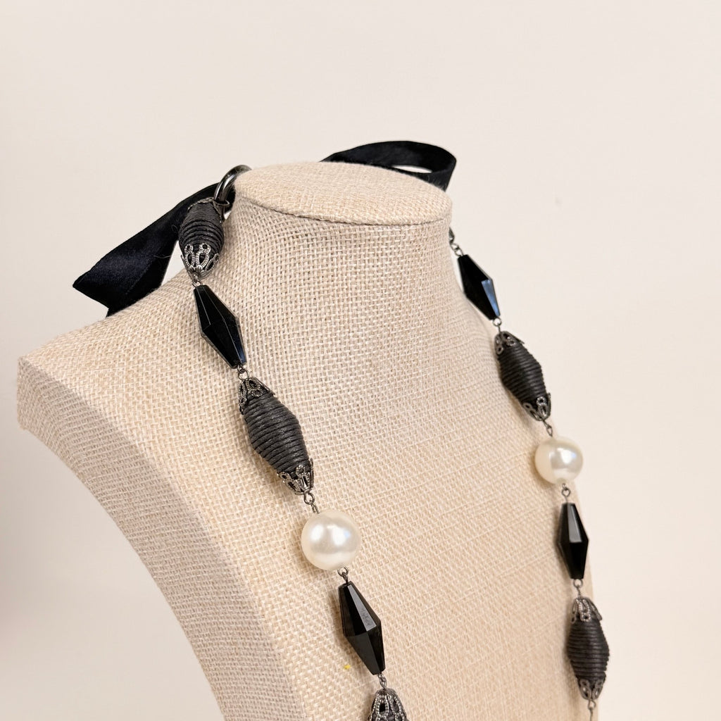 Tie Back Station Necklace Black and Pearlescent Beads Long Statement
