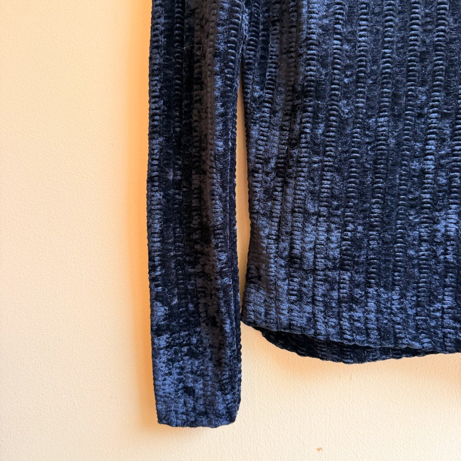Black Fuzzy Ribbed Turtleneck Sweater Crushed Velvet Size Small