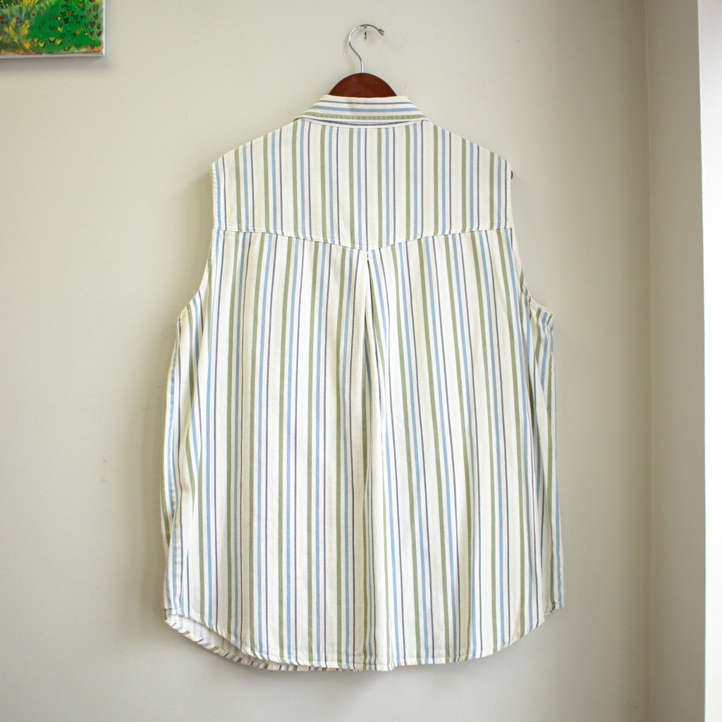 Honors Green and Blue Striped Sleeveless Denim Collar Button-up Plus Size 40/20W