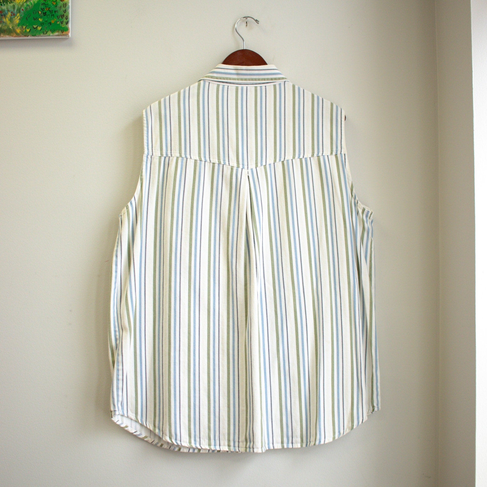 Women's Striped Summer Top Sleeveless Button-up 40/20W Green and Blue Striped