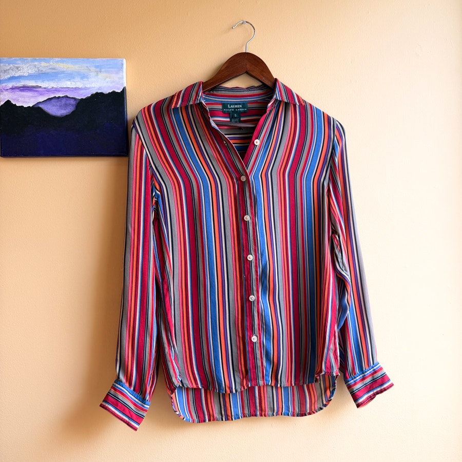 Lauren Ralph Lauren 100% Silk Striped Button-Up Blouse Size Small
