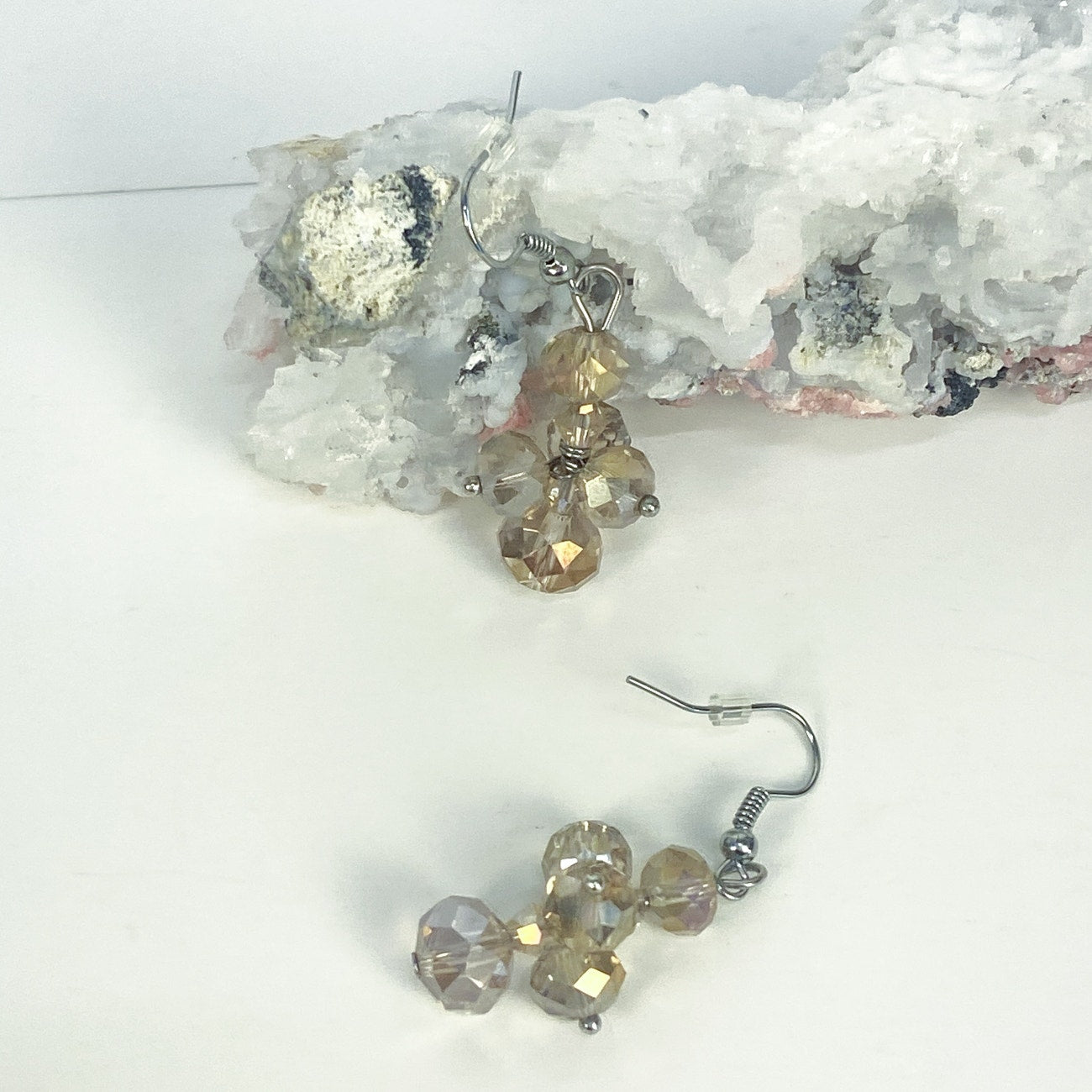 Vintage Glass Bead Cluster Dangly Earrings Champagne Beads