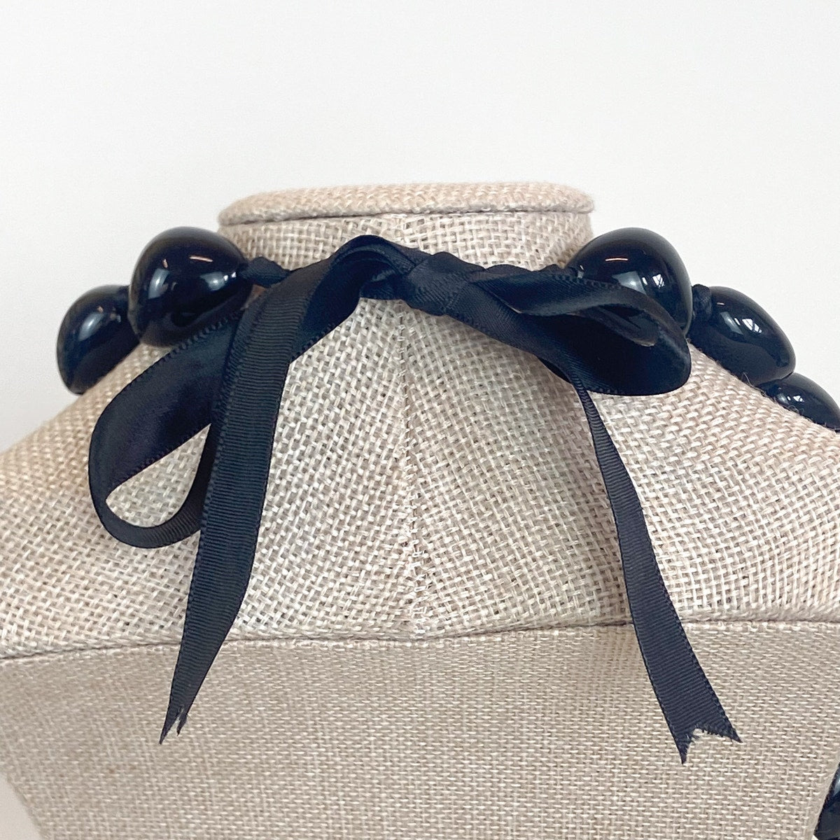 Hand Knotted Black Ribbon Tie Beaded Necklace