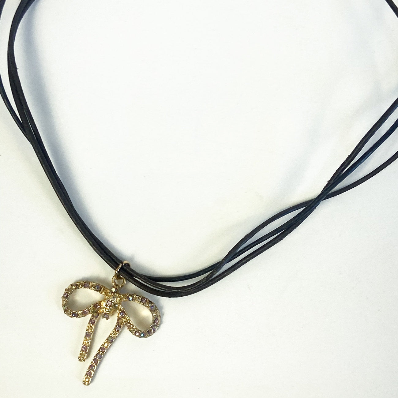 Gold with Pink Rhinestones Bow Necklace