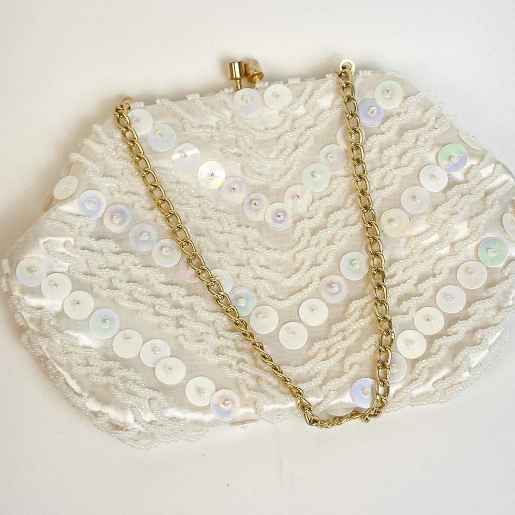 Satin Beaded Evening Bag Hand Made in Hong Kong Cream Gold Tone White Clutch