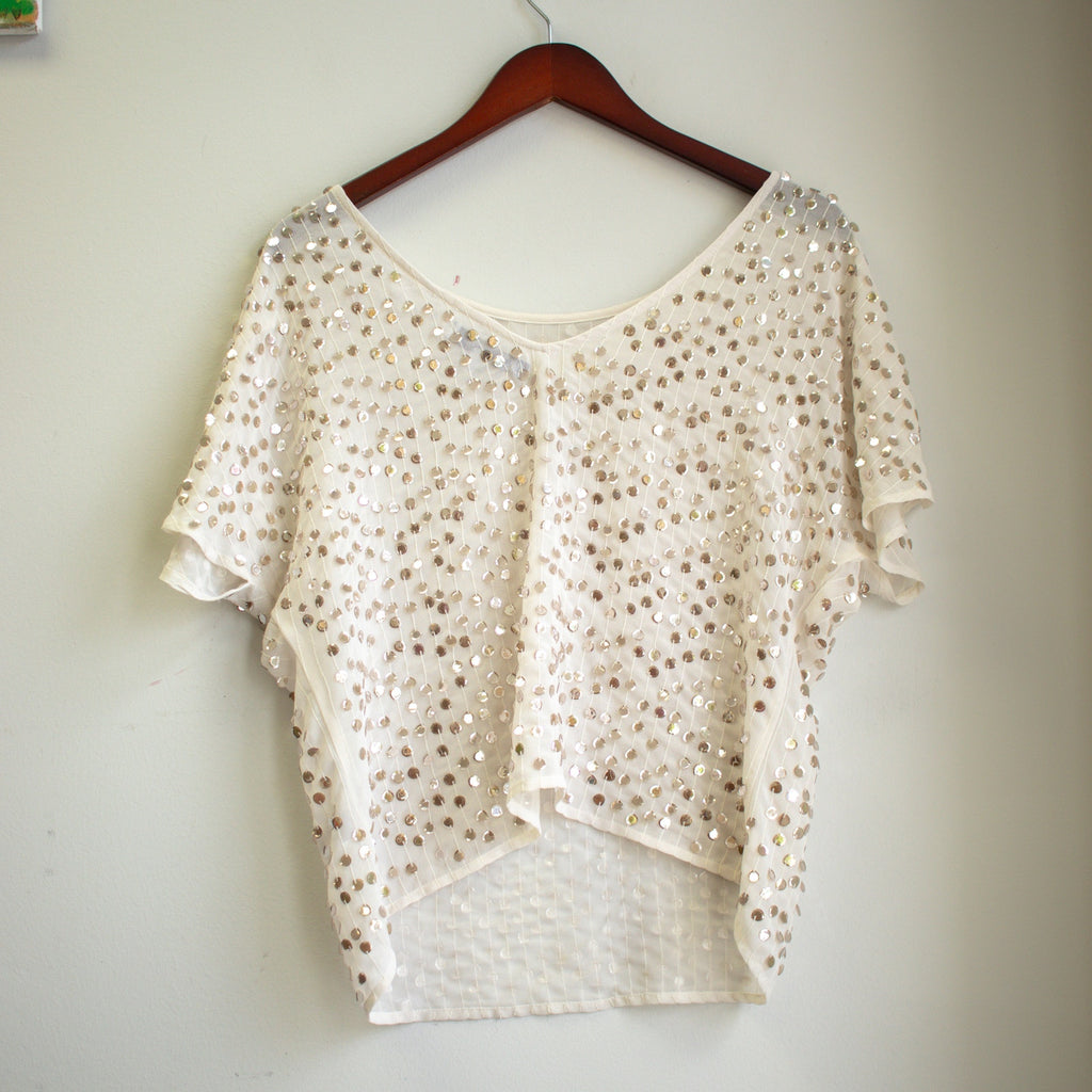 Jennifer Lopez Sheer Silver Sequin Loose-Fit Blouse Size Small