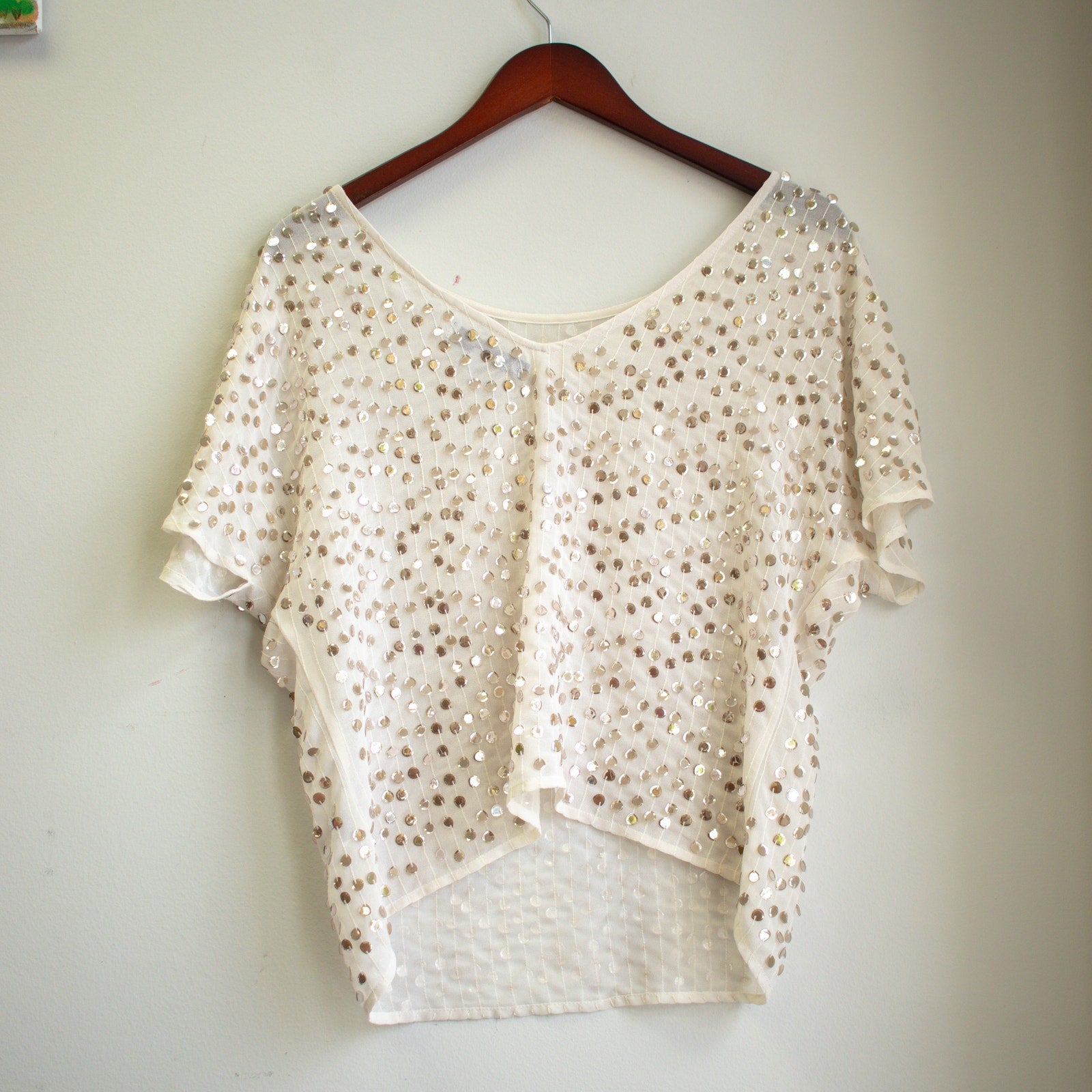 Jennifer Lopez Sheer Silver Sequin Loose-Fit Blouse Size Small