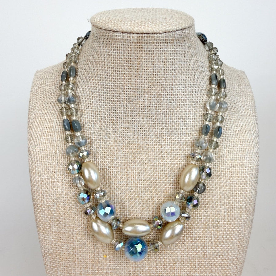 Mid-Century Beaded Choker Necklace Double Strand Faux Pearl Beads 1950s/1960s Made in Germany