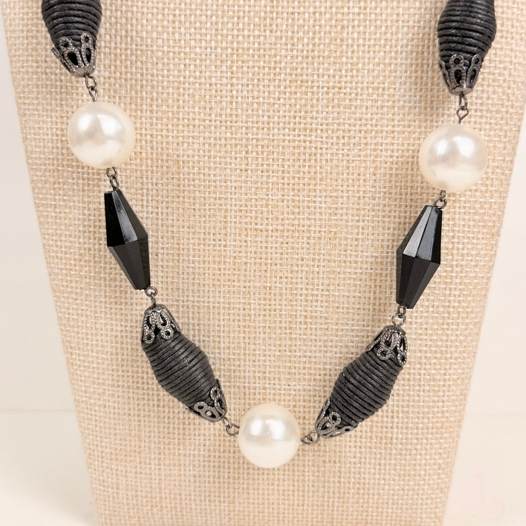 Tie Back Station Necklace Black and Pearlescent Beads Long Statement