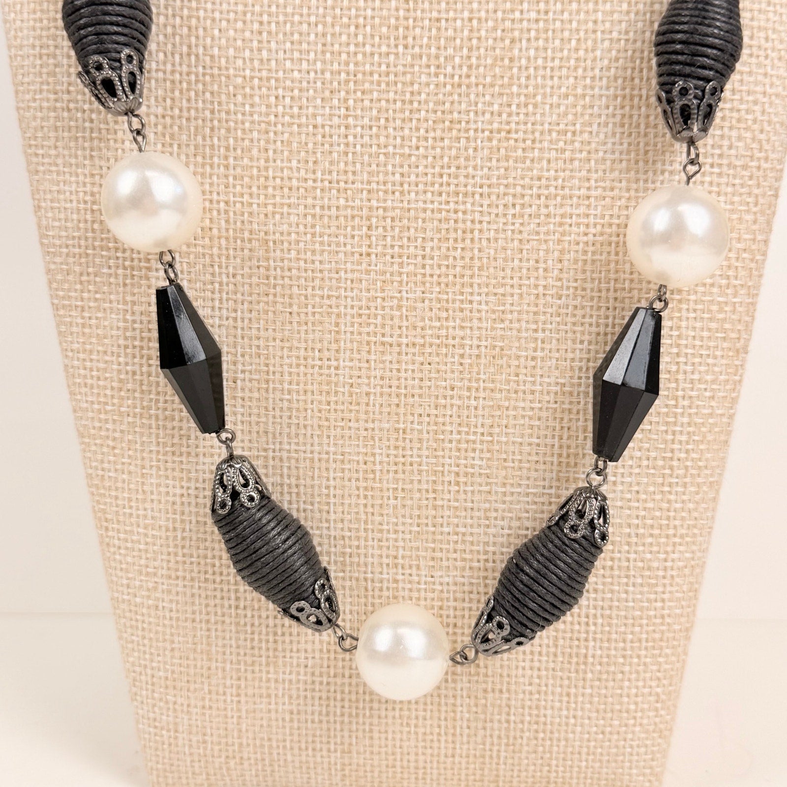 Tie Back Station Necklace Black and Pearlescent Beads Long Statement
