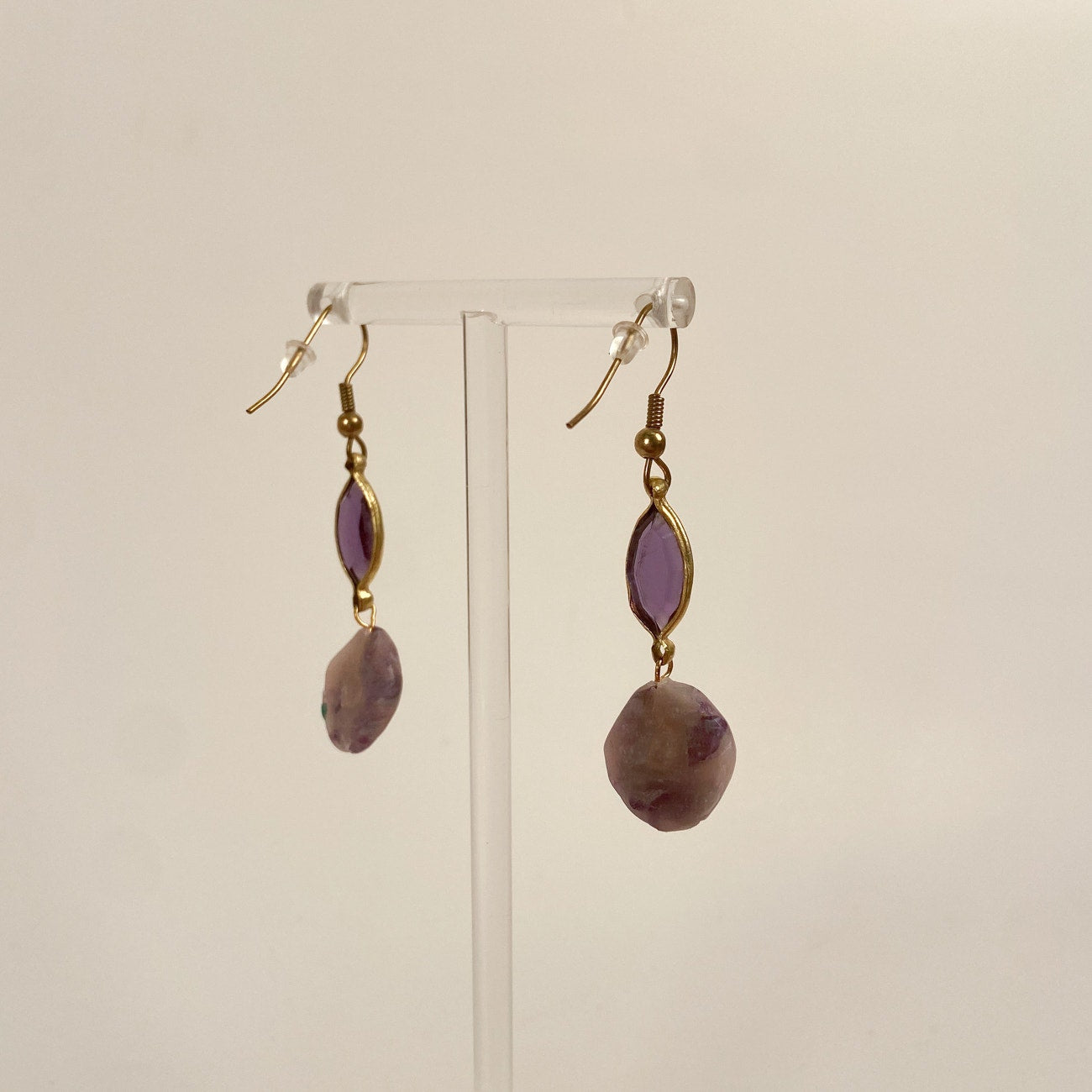 Gold Tone Purple Mineral Earrings