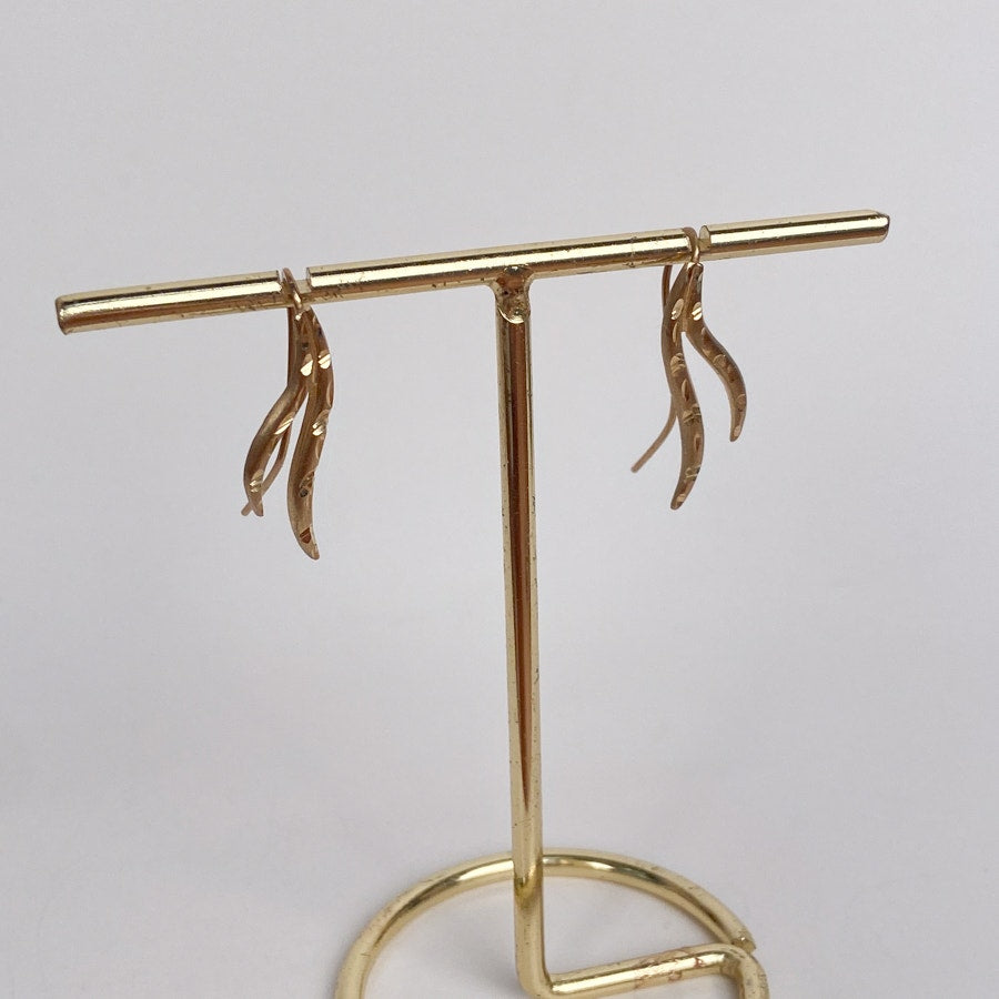 Signed 14k Yellow Gold Double Diamond Cut Design Wave Drop Earrings