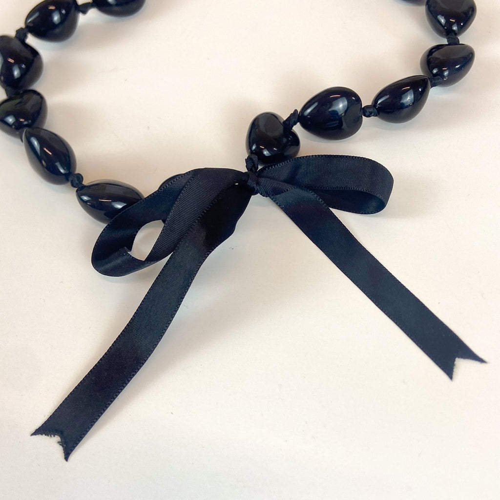 Hand Knotted Black Ribbon Tie Beaded Necklace