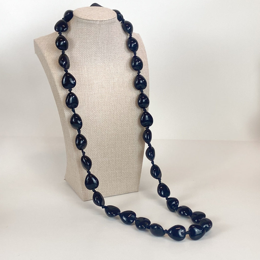 Hand Knotted Black Ribbon Tie Beaded Necklace