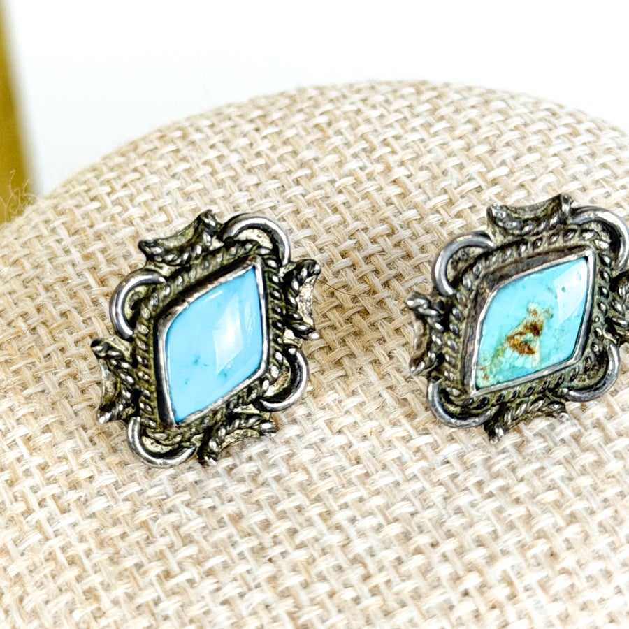 Sterling Silver and Tuqruoise Ornate Stud Earrings Screw Back