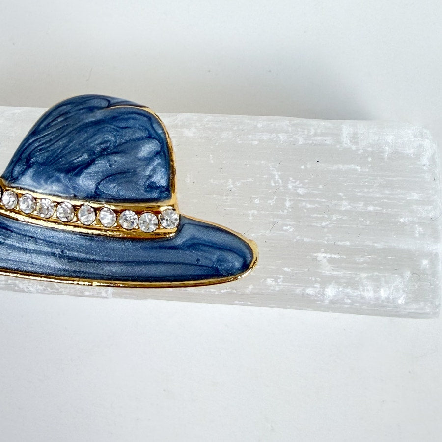 2 Blue Brooches Crystal and Hand Painted Enamel Hat Brooches