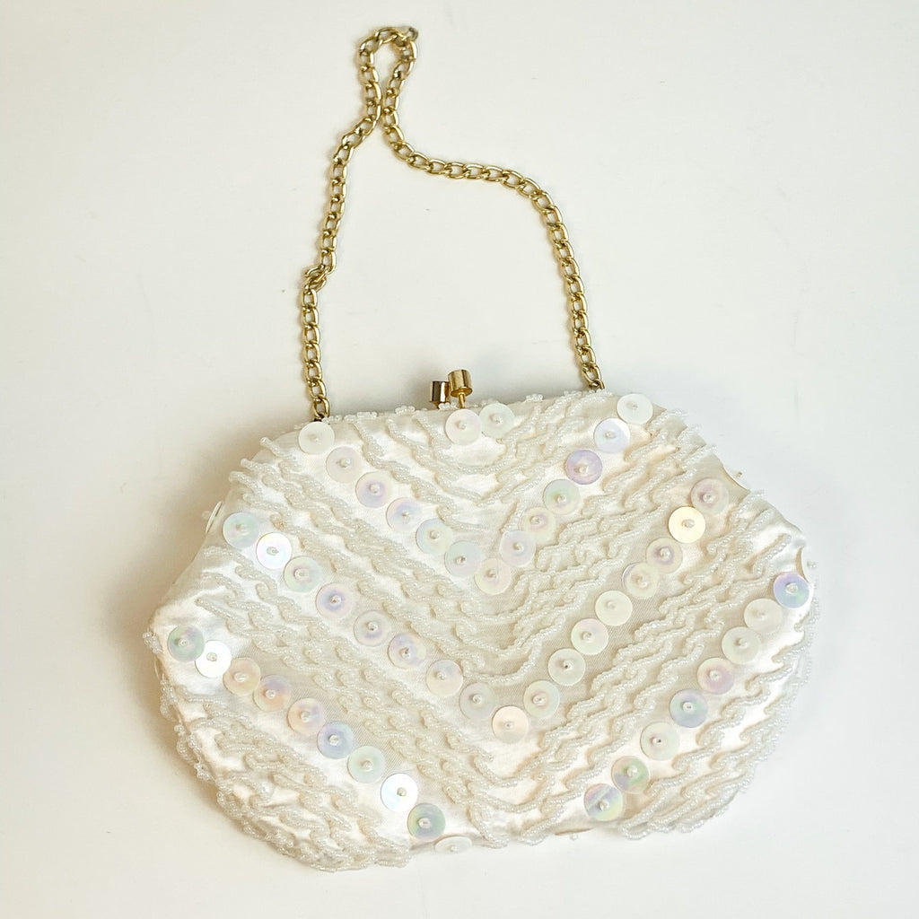 Satin Beaded Evening Bag Hand Made in Hong Kong Cream Gold Tone White Clutch