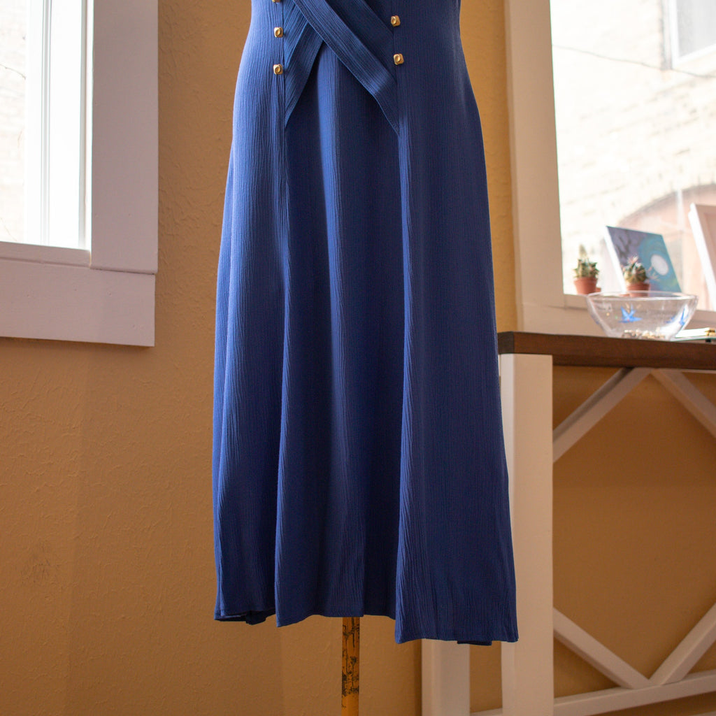 Vintage Blue Pleated Flutter Sleeve Tea Length Dress