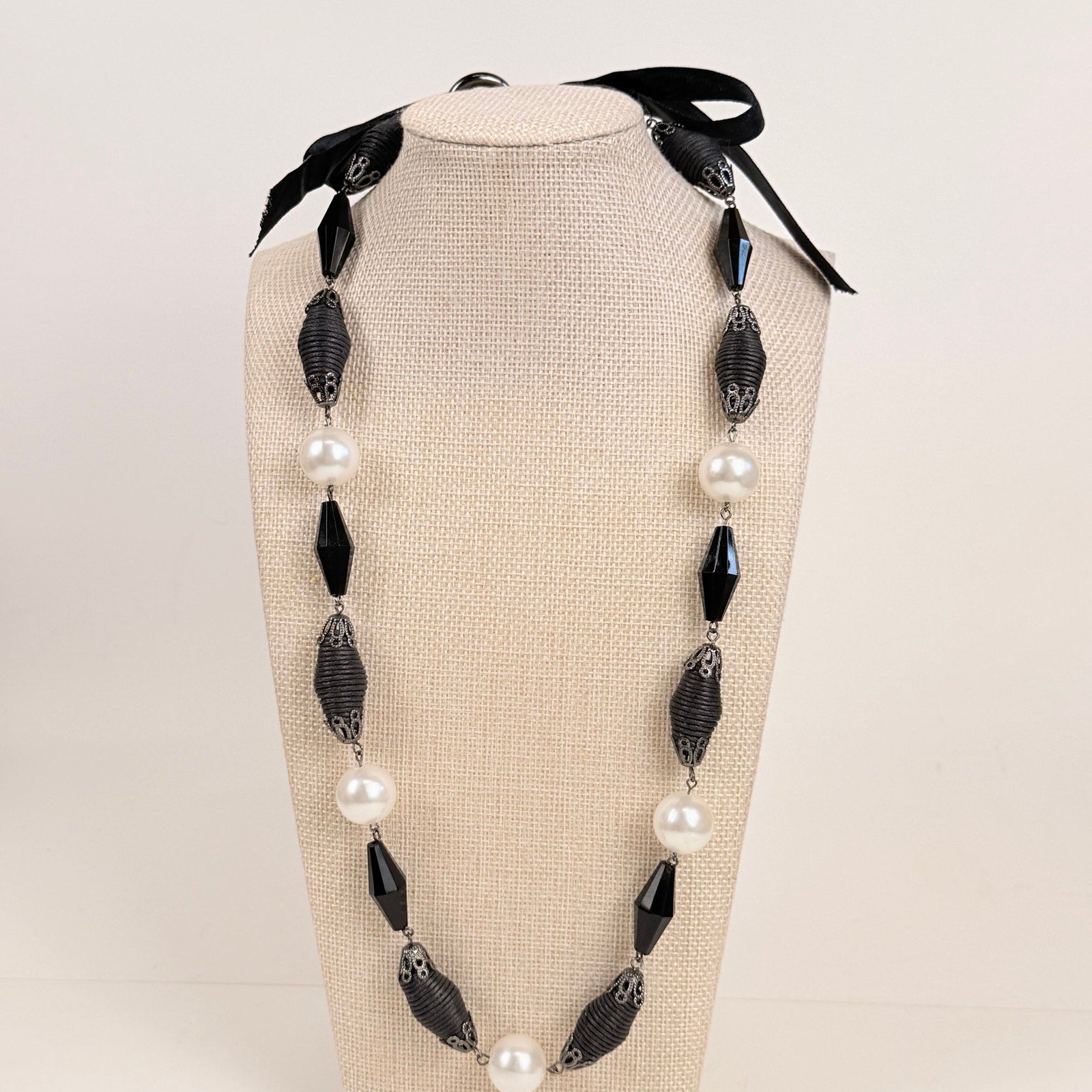 Tie Back Station Necklace Black and Pearlescent Beads Long Statement