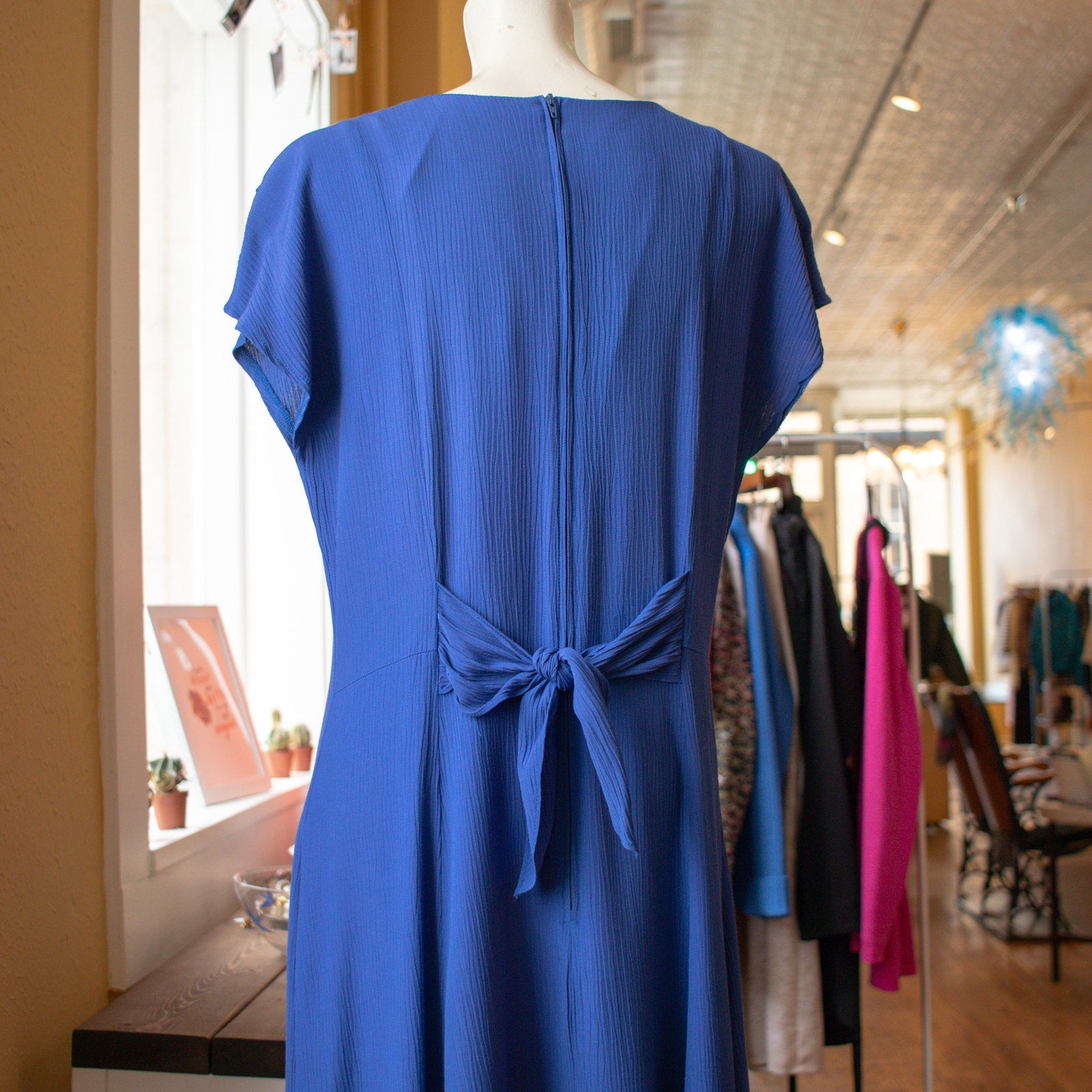 Vintage Blue Pleated Flutter Sleeve Tea Length Dress