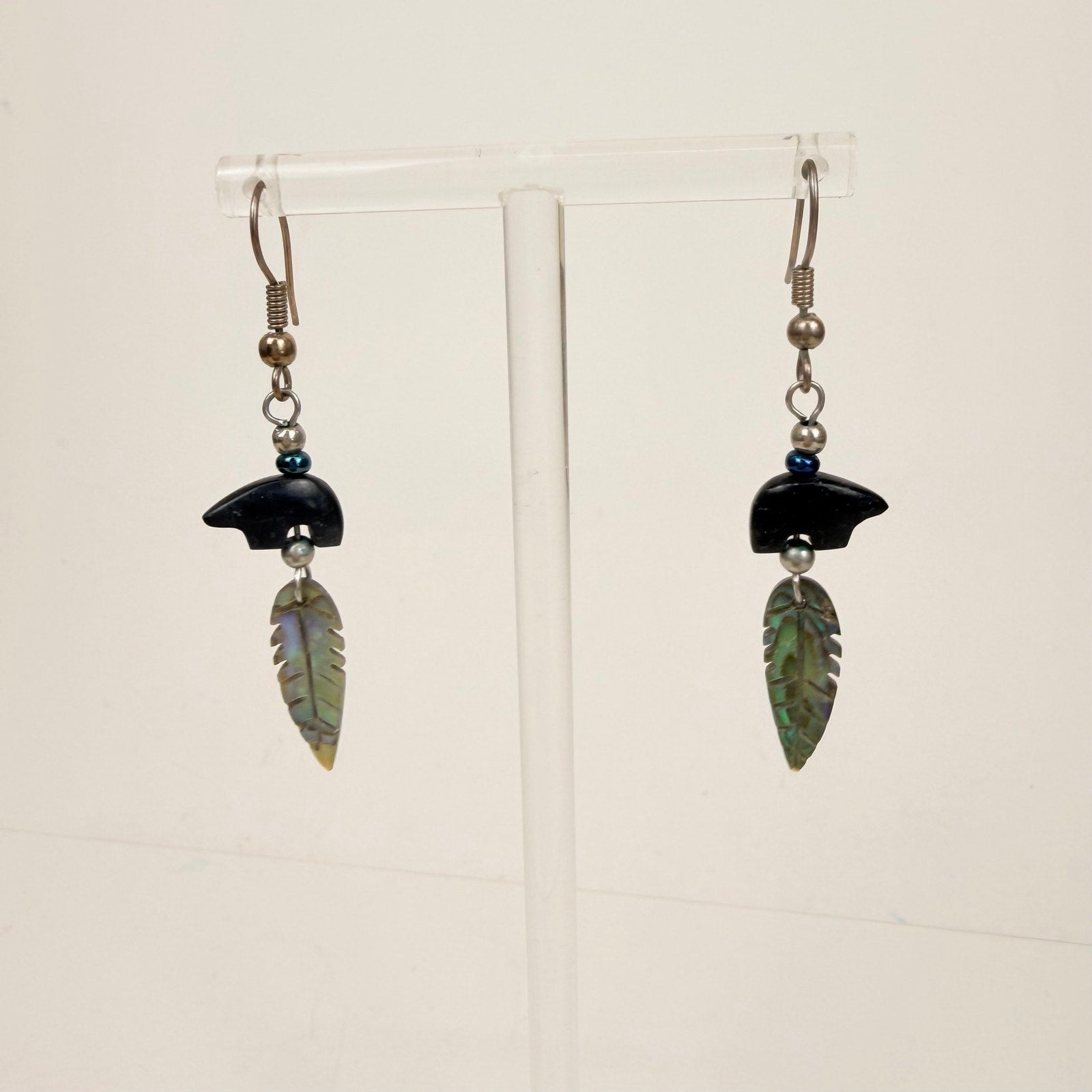 Bear and Leaf Dangly Earrings Silver Tone