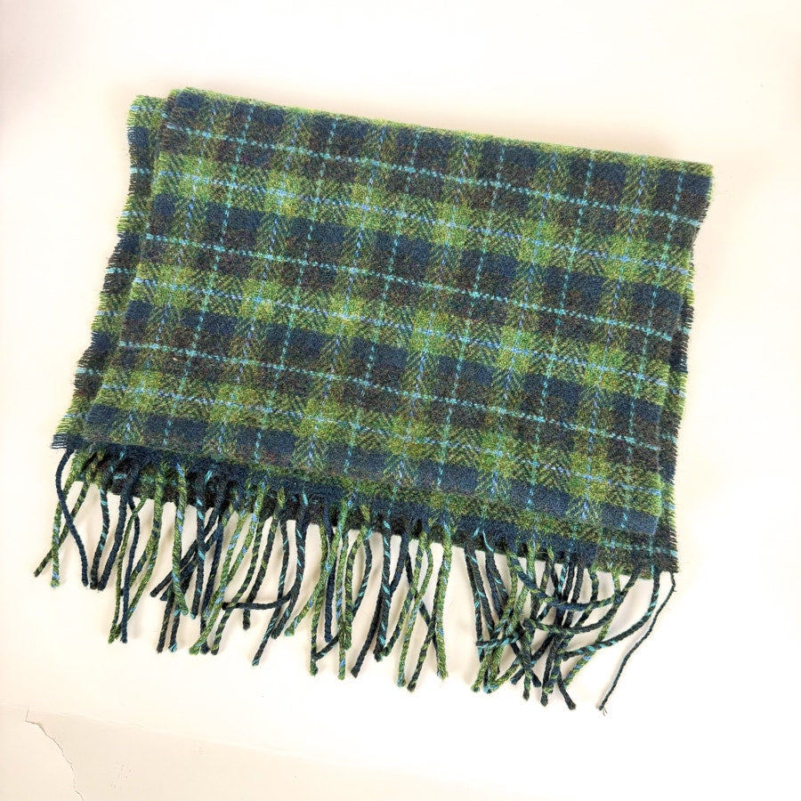 100% Lambswool Made in Ireland Green Plaid Wool Fringe Rectangle Scarf Long