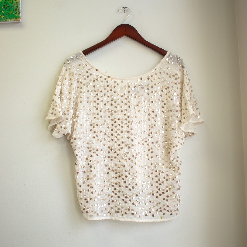 Jennifer Lopez Sheer Silver Sequin Loose-Fit Blouse Size Small