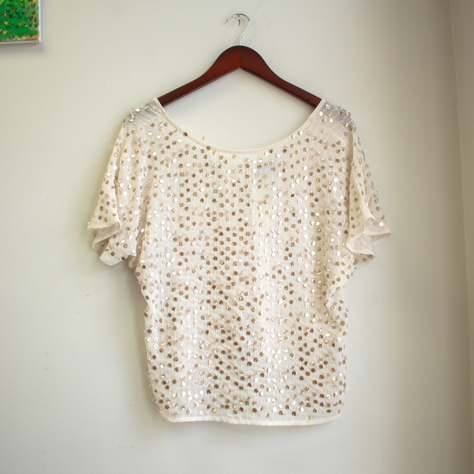 Jennifer Lopez Sheer Silver Sequin Loose-Fit Blouse Size Small