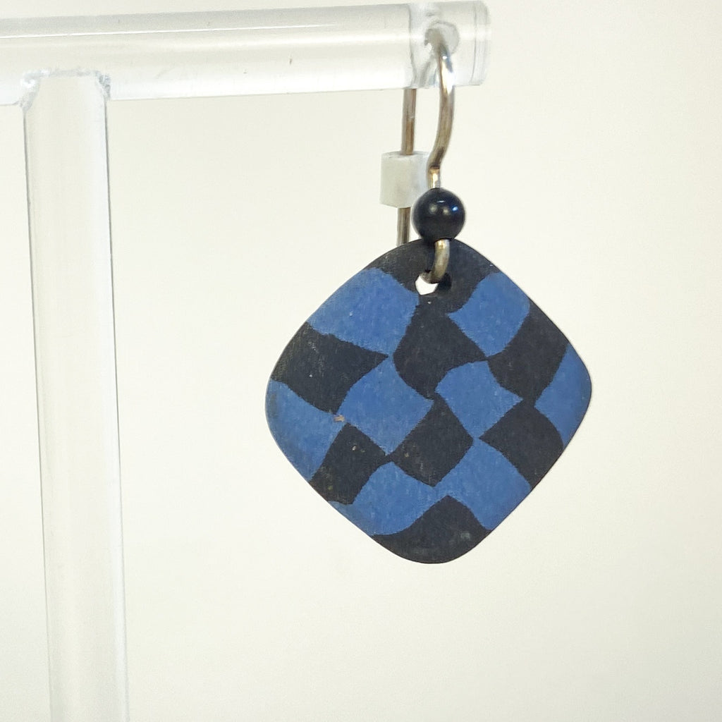Checkered Blue Black Clay Dangle Earrings Grunge Whimsigoth