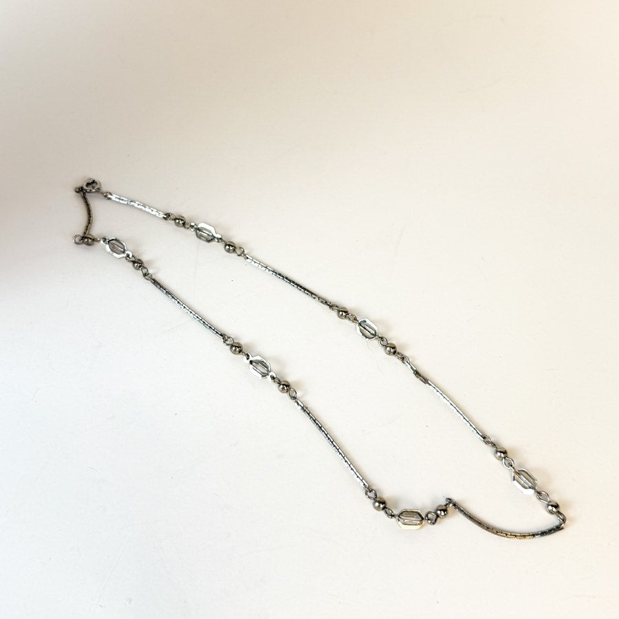 Vintage Silvery Station Necklace Open Work Cage Beads Short Chain