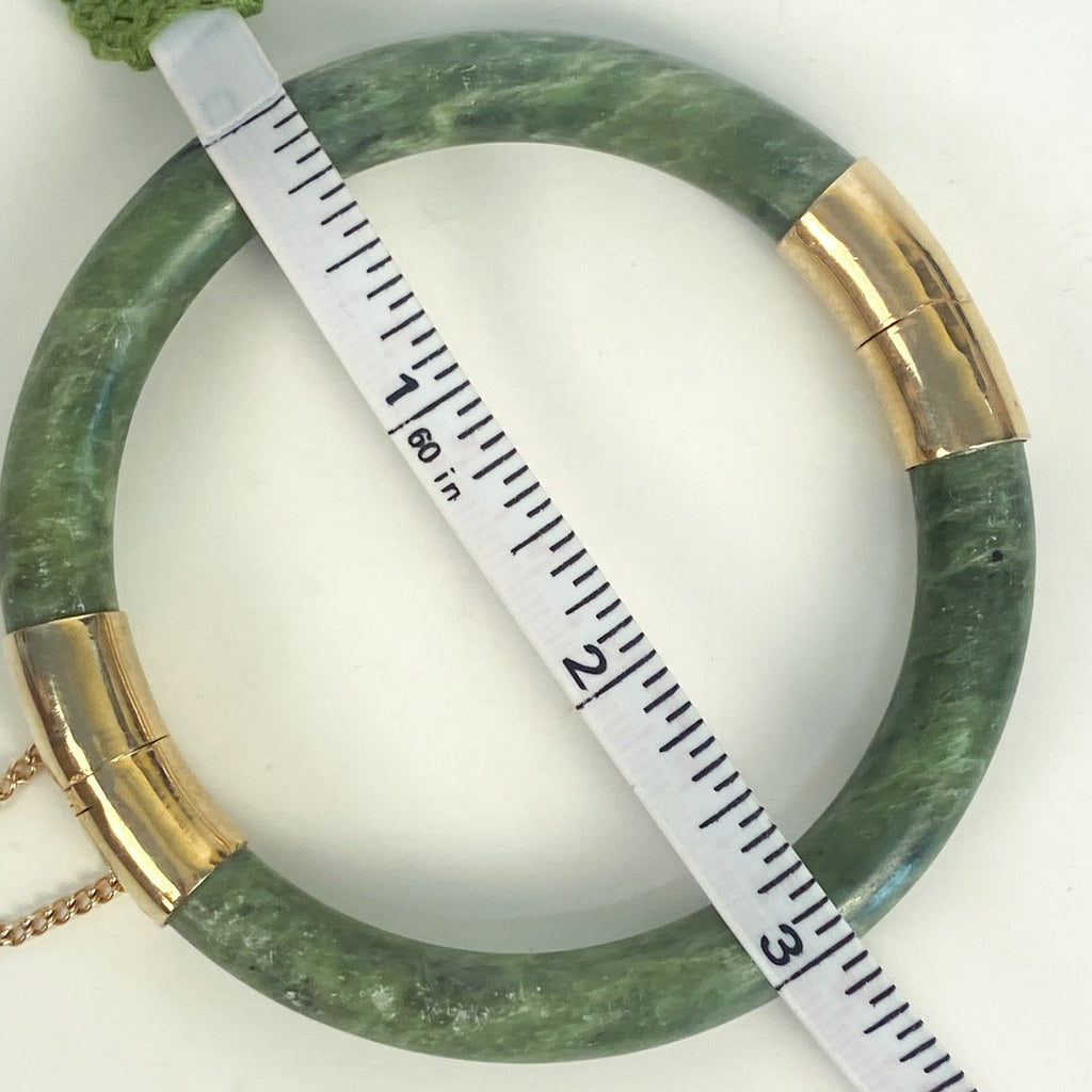 Vintage Chinese Spinach Jade Bangle Bracelet With Gold-Plated Clasp