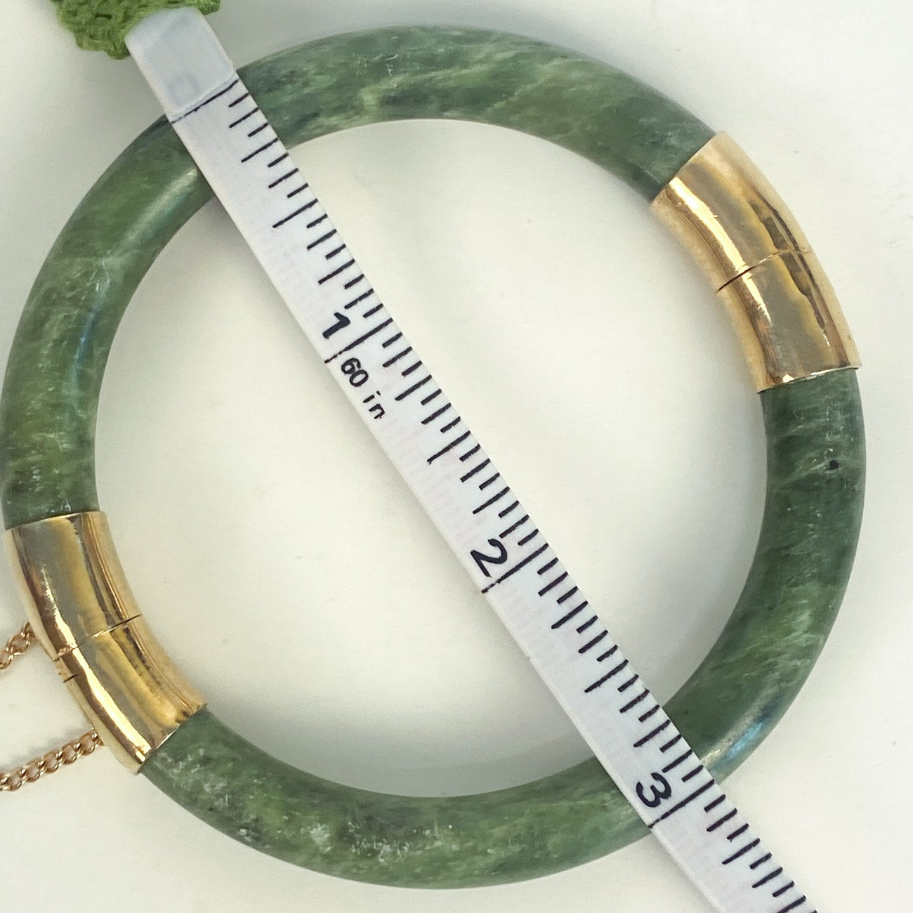 Vintage Chinese Spinach Jade Bangle Bracelet With Gold-Plated Clasp