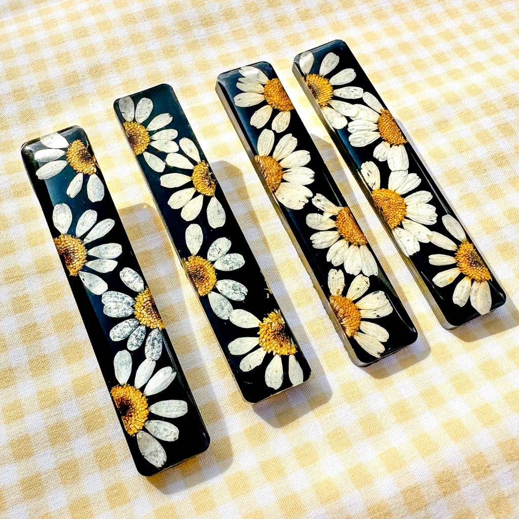 Black daisy pressed chamomile flower bar hair clip