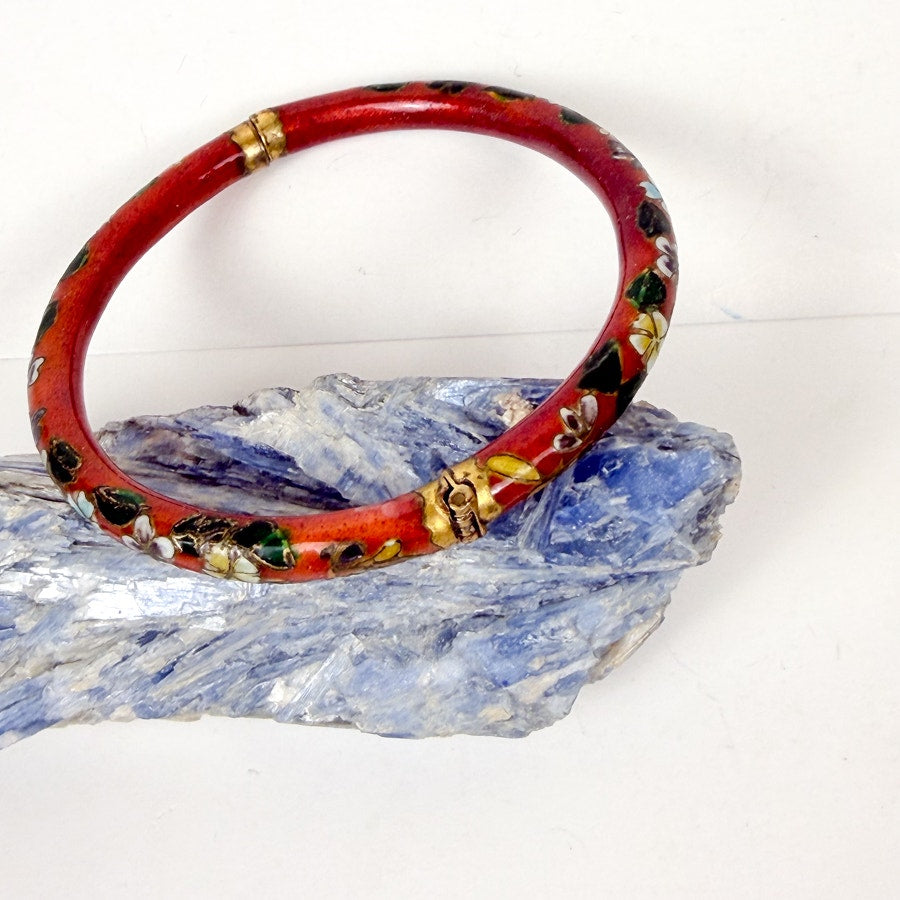 Vintage Red Green/Gold/Blue/White Cloisonné Hinged Bangle Bracelet Floral