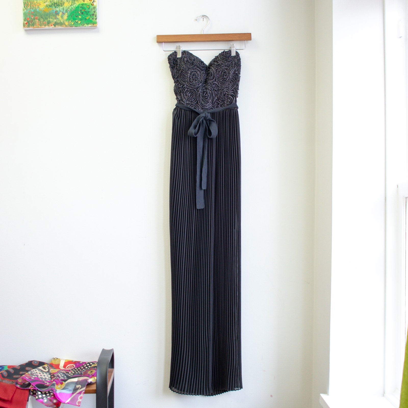 Janice Black Strapless Rosette Top Crepe Skirt Tie Waist Dress Size Small