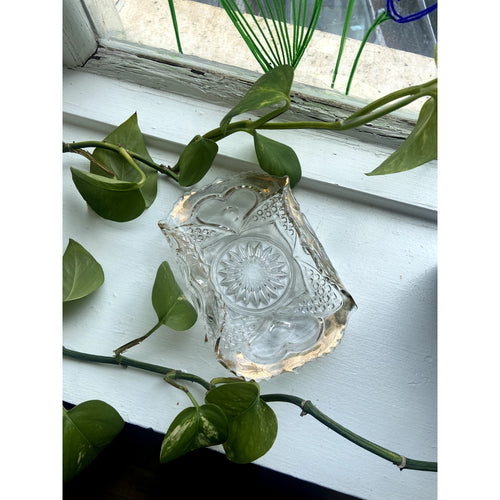 Antique Glass Jewelry Dish with Gold Trim, Pinched edges, Business Card Holder