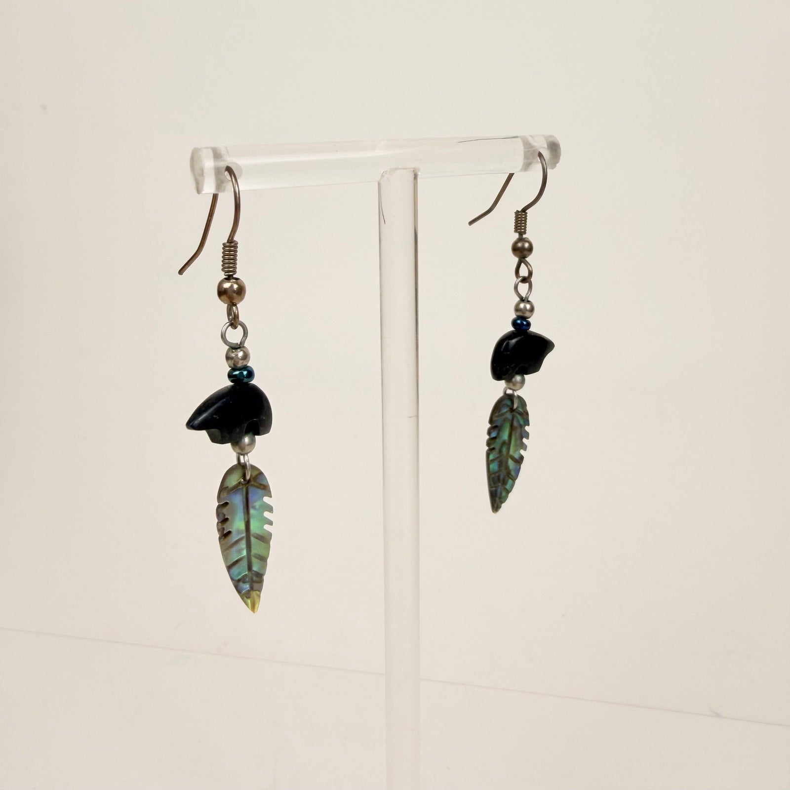 Bear and Leaf Dangly Earrings Silver Tone