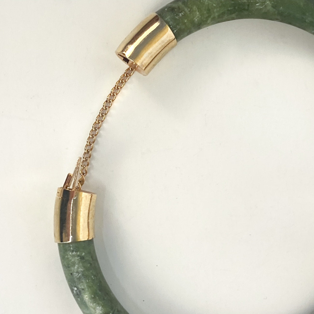 Vintage Chinese Spinach Jade Bangle Bracelet With Gold-Plated Clasp