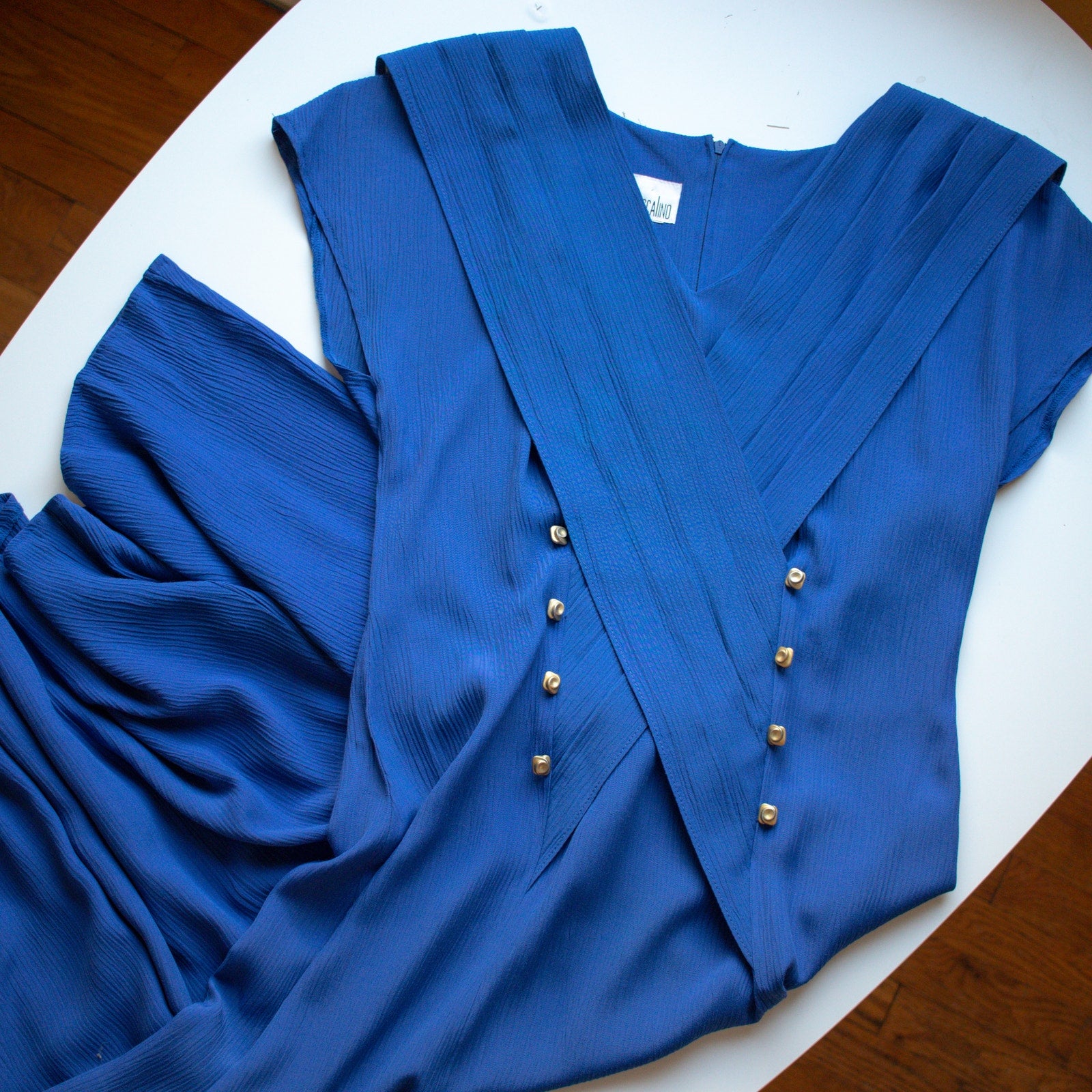 Vintage Blue Pleated Flutter Sleeve Tea Length Dress