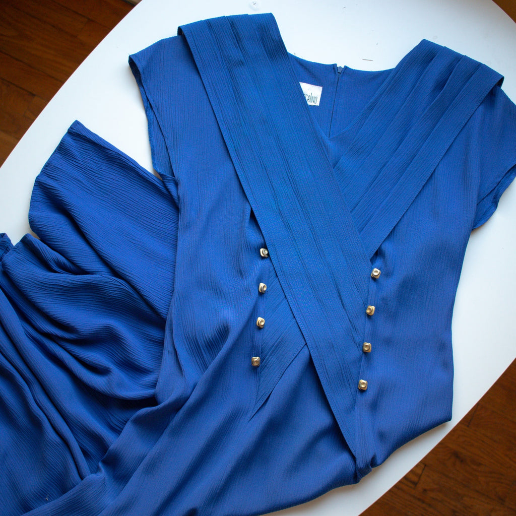 Vintage Blue Pleated Sleeveless Maxi Dress
