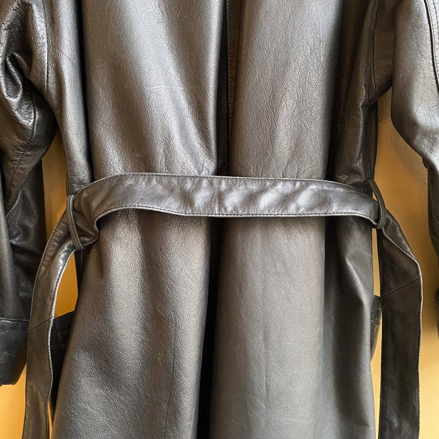 Black Leather Jacket Vintage Belted Robe Women's Size Medium