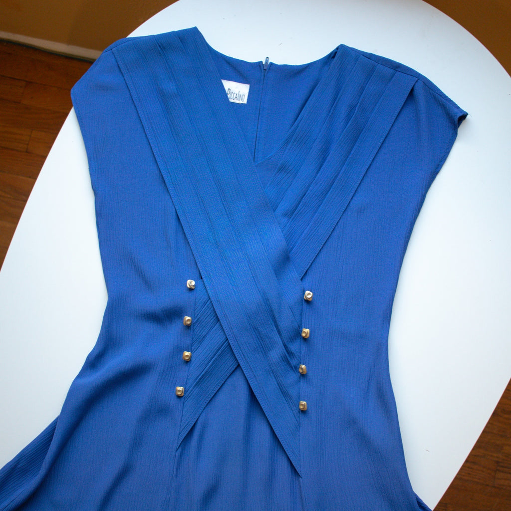 Vintage Blue Pleated Flutter Sleeve Tea Length Dress