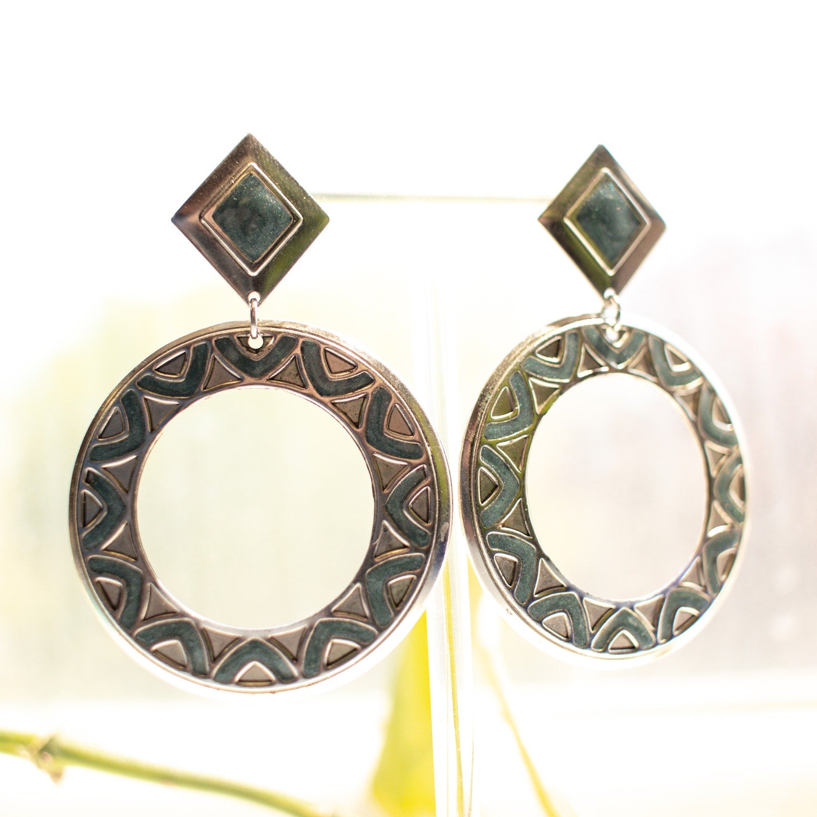 Vintage Geometric Dark Blue Dangle Hoop Earrings